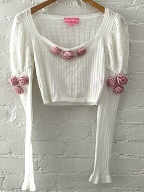 Dolls Kill Sugar Thrillz Rosette Cropped Top Pointelle Knit Coquette Festival